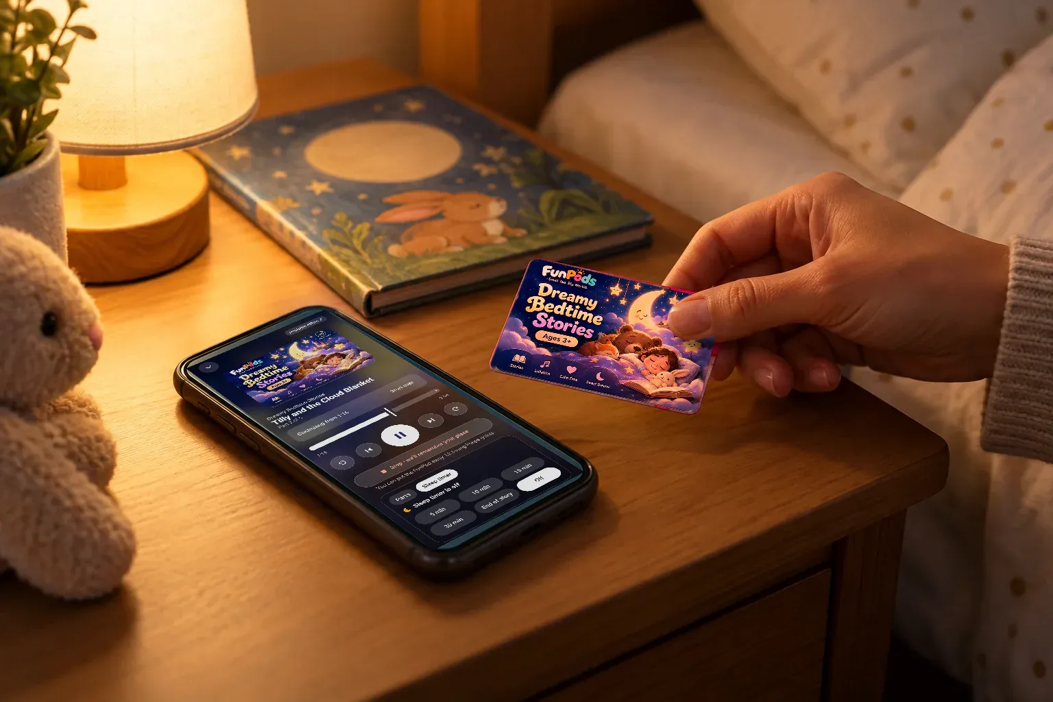 A Dreamy Bedtime Stories FunPod is tapped beside the real FunPods Android player.
