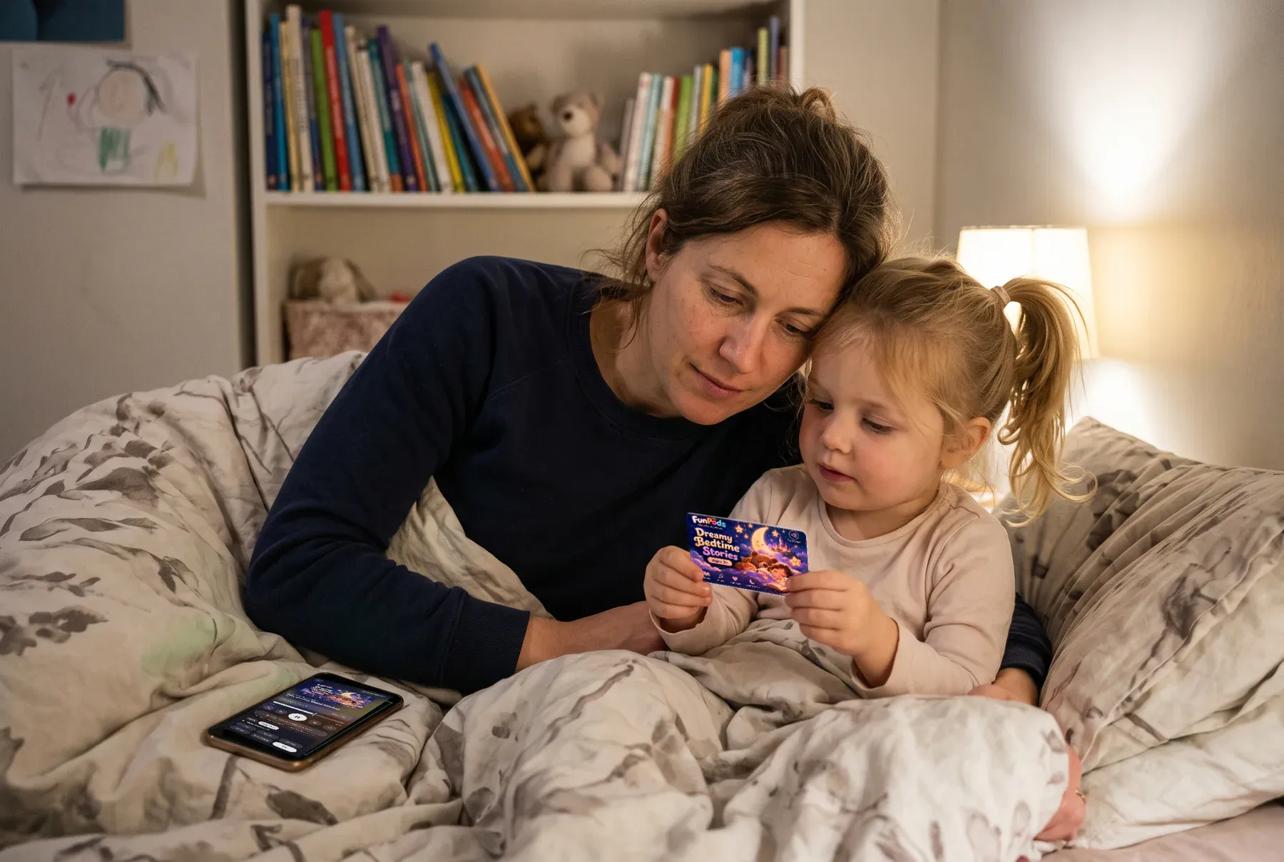 Ein Elternteil und ein kleines Kind beim Zubettgehen mit der FunPods-Karte Dreamy Bedtime Stories.