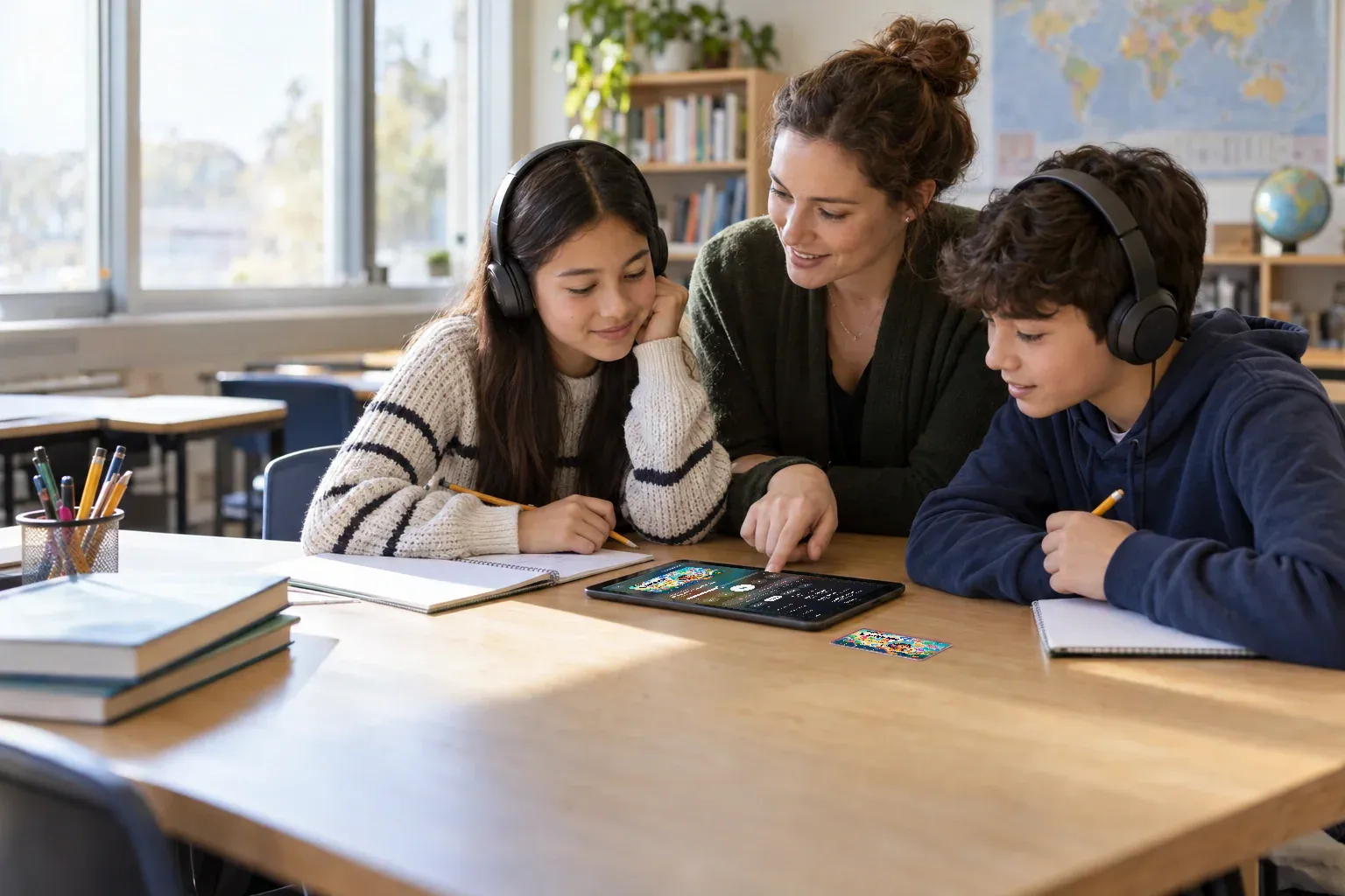 A teacher and two pupils learn together with a FunPod card and the real Android player on a classroom tablet.