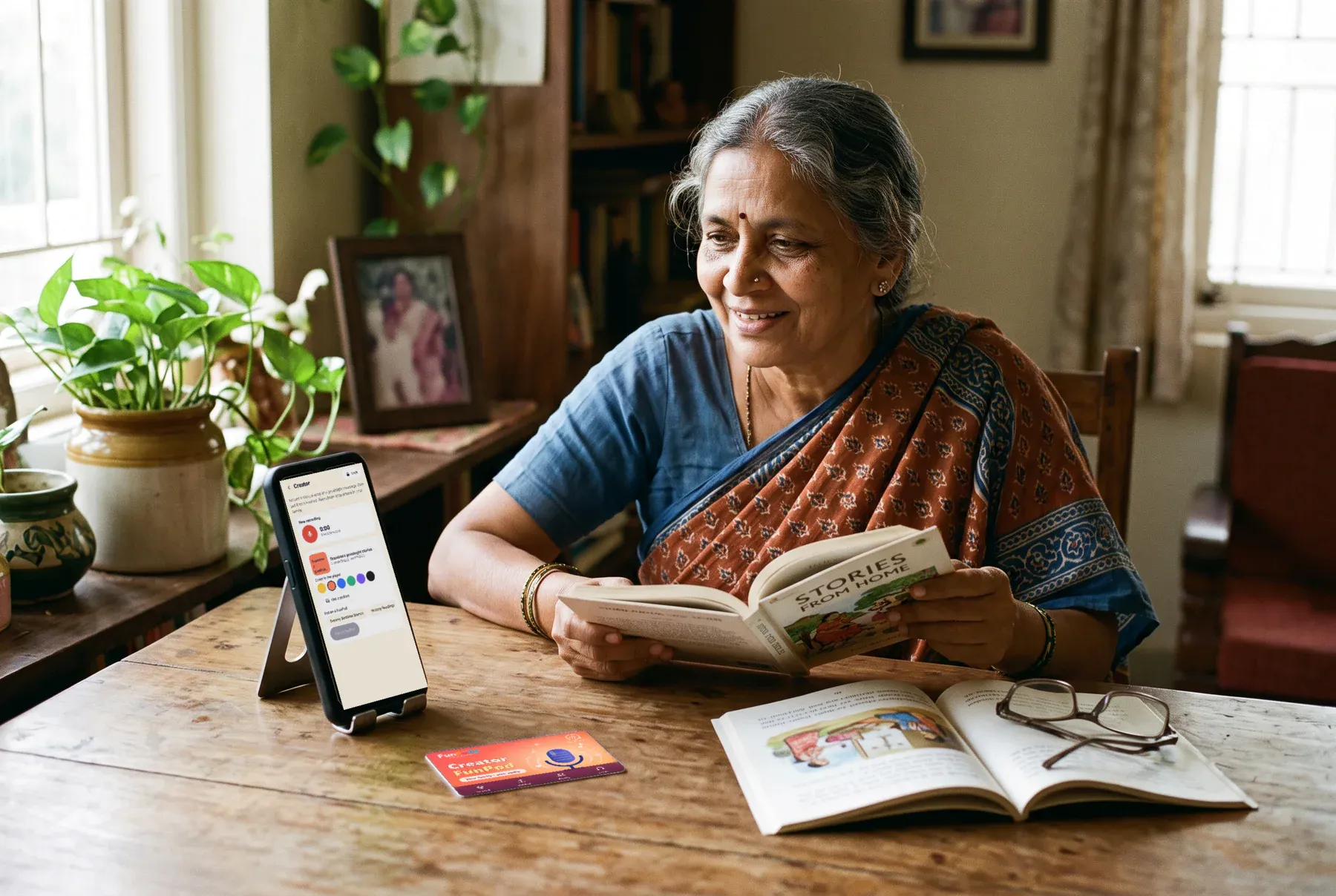 A grandmother records a story beside a Creator FunPod and the real FunPods Android creator screen.