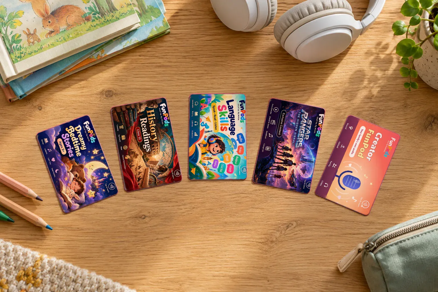 Five separate FunPods cards arranged at true card scale with books, pencils and headphones.