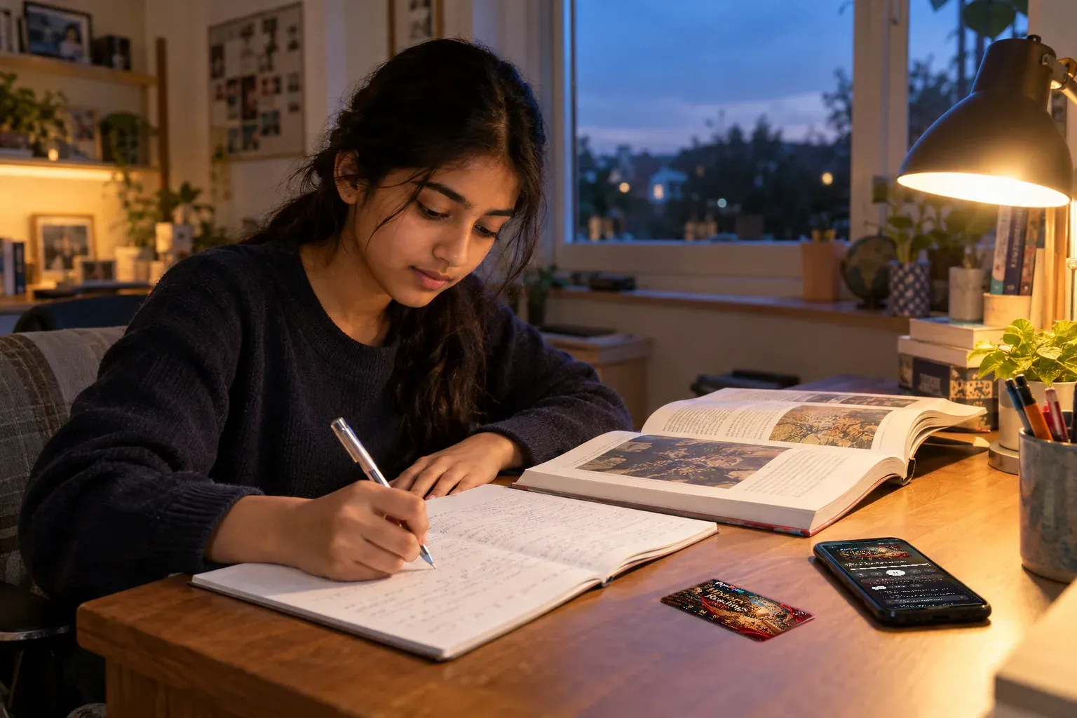 Ein Schüler lernt abends am Schreibtisch, neben seinem Smartphone ein Stapel FunPods-Karten, oben History Readings.
