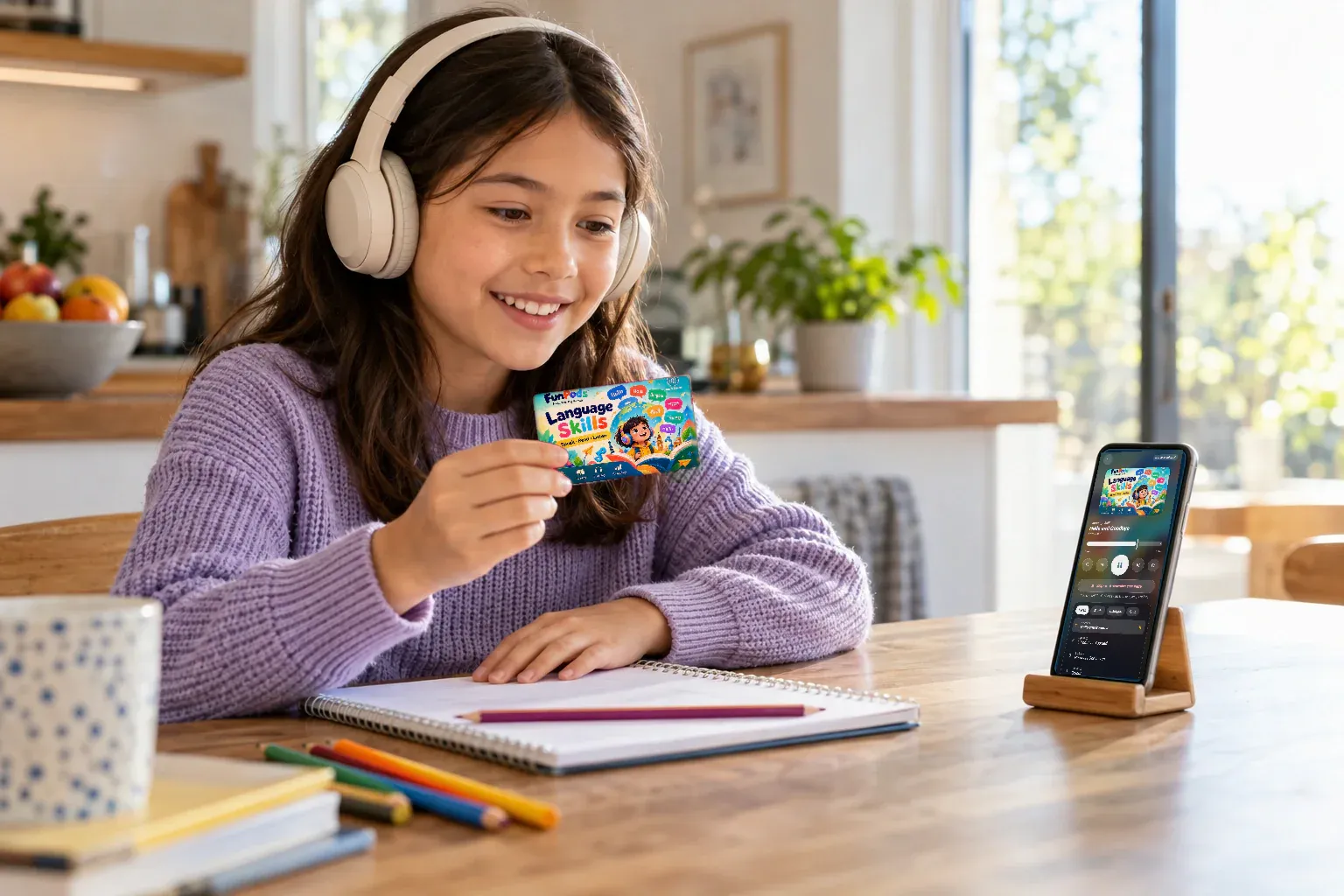 A young language learner holds a Language Skills FunPod beside the real Android language player.