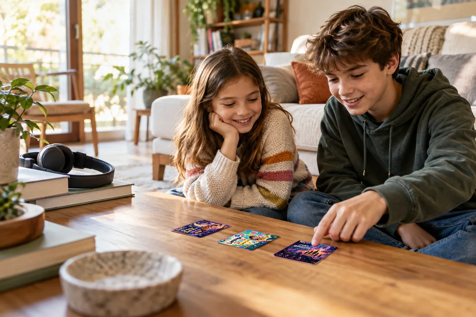 Two siblings choose between separate FunPods cards on a family table.